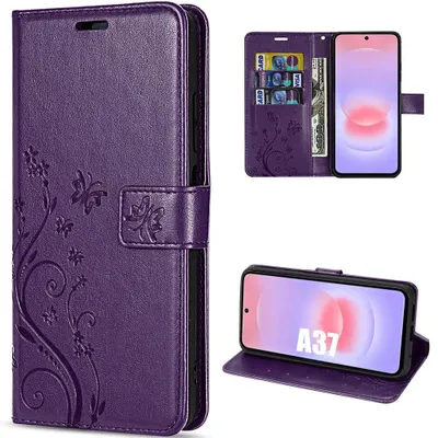 Image de Coque pour Samsung Galaxy A37 5G, Protection Cuir Synthétique Antichoc Violet Foncé Motif Papillon