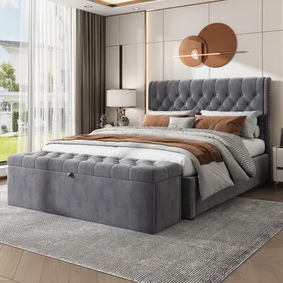 Productafbeelding van Gestoffeerd bed 140x200 cm met hydraulische bedkist, lattenbodem, veel opbergruimte, gestoffeerde zitbank met opbergruimte, siernageldecoratie, fluweel grijs