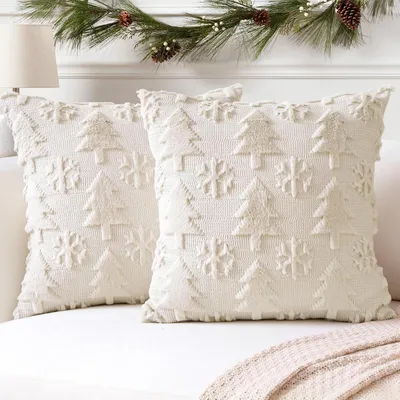 Produktbild von Kissenbezüge 2er Set Plüsch Wollsamt Beige 40x40cm Weihnachtsbaum Schneeflocke