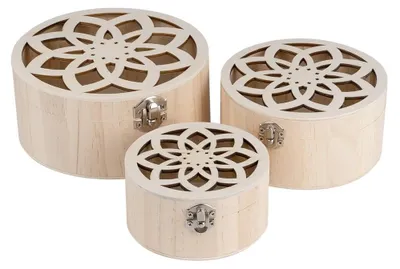 Holzboxen rund, 3er-Set, 3 Größen, mit Laserverzierung, Vintage