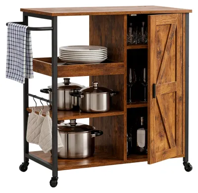 Produktbild von Relaxdays Servierwagen mit Schrank, 4 Etagen, HBT 85x80x37 cm, Industrial, Küchenwagen mit Rollen & Haken, schwarz/braun