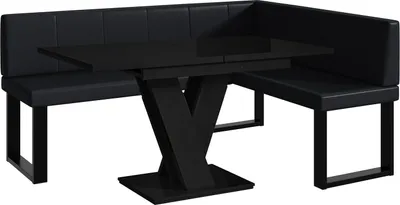 Produktbild von MEBLINI Eckbank für Esszimmer mit ausziehbarem Tisch - Küchenbank - Essecke - Sitzecke Küche - PETER - U-Beine 128x168x87cm Rechts - Schwarz Kunstleder/M Schwarz Hochgl.