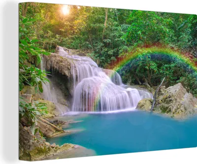 Produktbild von OneMillionCanvasses® - Leinwandbilder - 150x100 cm, Regenbogen - Sonne - Wasserfall - Natur, Wandbilder Kunstdruck Wanddekoration - Foto auf Leinwand - Gemälde auf Holzrahmen