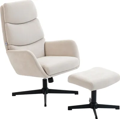 Produktbild von Polstersessel mit Fußhocker, Lounge-Sessel mit hoher Rückenlehne, Metallbasis, für Wohnzimmer, Schlafzimmer, Beige