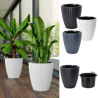 Produktbild von Blumenübertopf "Leaves" mit herausnehmbaren Einsatz 2in1, 3D-Textur, Oval | Höhe: 42cm | Farbe: schwarz
