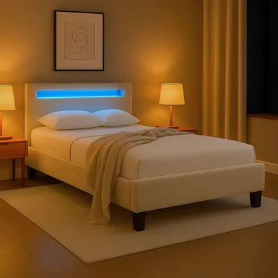 Produktbild von Polsterbett LASHIO mit LED Beleuchtung im Kopfteil 120x200 cm, Cremeweiß – modernes Bett mit Samt Stoffbezug, Jugendzimmer