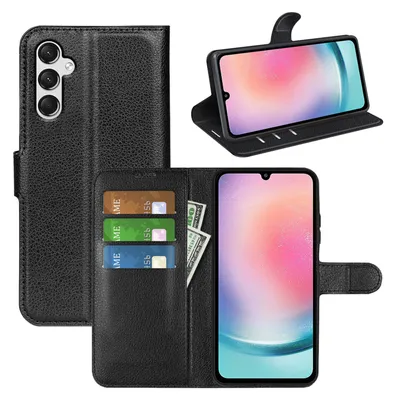 A collage of images showing a black flip case for a Samsung Galaxy A25 5G phone, with the phone inserted and displayed in different orientations, and also showing the card slots and cash compartment.