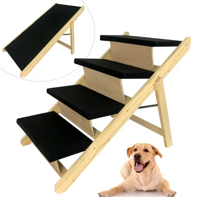 Produktbild von QEENTOE Hunderampe Hundetreppe, 2-in-1 faltbare Haustiertreppe aus Kiefernholz, für Hunde & Katzen, rutschfest, bis 80 kg, mit Landeplattform