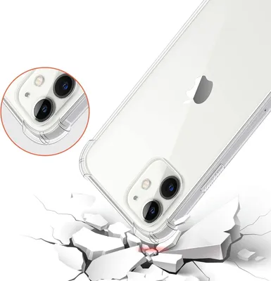 A clear phone case is shown protecting an iPhone from impact with a cracked surface.