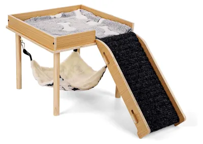 Produktbild von Meerschweinchenbett mit Holzständer und Treppe, geeignet für Meerschweinchen, Chinchillas, Ratten, Hamster und Hasen