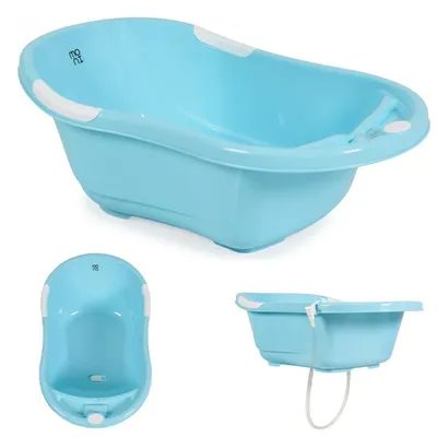 Produktbild von Babybadewanne Lilly platzsparend mit Wasserablauf, Ablagefächer für Zubehör blau