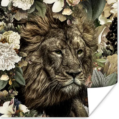 Produktbild von MuchoWow® Poster Löwe - Blumen - Blatt 75x75 cm - Wand Dekoration