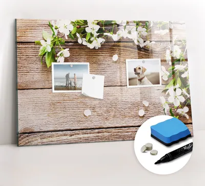 Produktbild von Magnetpinnwand Memoboard - Zubehörsatz - Schwarzer Marker + Schwamm + Magnete - 60 x 40 cm - Blumen auf Holz