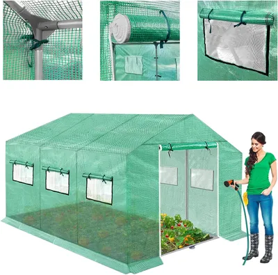 Image de ACXIN Serre de jardin praticable, 4,5x2x2m, Serre portable pour plantes en hiver, avec pneus en acier galvanisé, 6 fenêtres enroulables, portes avec fermeture éclair, vert