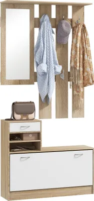 Produktbild von HOMCOM 3-in-1 Flurmöbel-Set mit Garderobenpaneel, Spiegel und Schuhbank – 6 Haken und verstellbarer Einlegeboden, Naturholz und Weiß