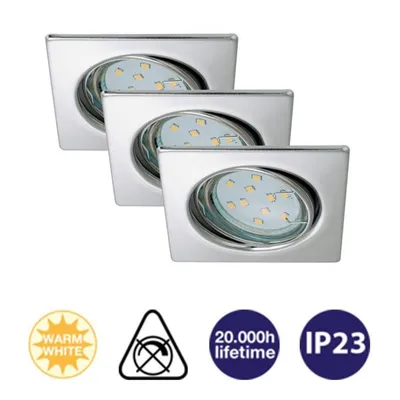 Three square LED recessed lights with a chrome finish are shown in a staggered arrangement against a white background. Below the lights are several icons indicating product features.