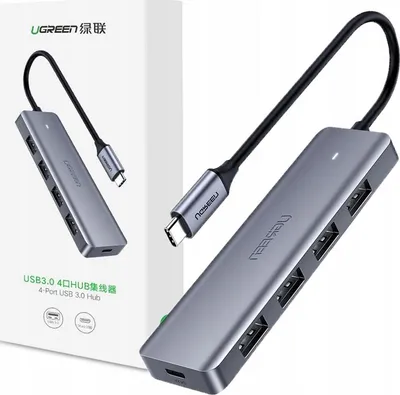 A product shot of a USB hub and its packaging.