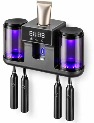 Produktbild von Zahnbürstenhalter mit UV Reinigung, Wandhalterung mit automatischem Zahnpastaspender, 4 Plätze, 2 Becher, elektrische Zahnbürsten Aufbewahrung