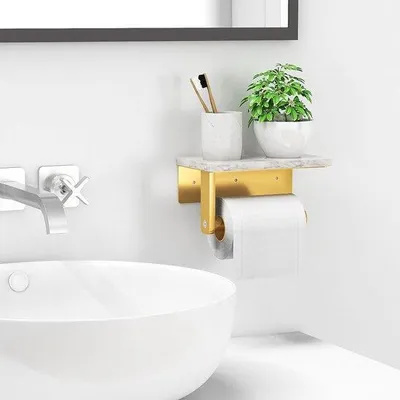 Produktbild von Toiletpapierhalter aus gebürstetem Gold mit einem Naturmarmorbrett, Wandmontage mit Schrauben aus 304 Edelstahl, Toilettentüchergestell für die Badezimmereinrichtung.