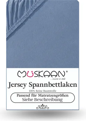 A close-up view of a blue fitted sheet with elasticated corners, presented on a white background with product information text below.