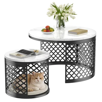 Image de MODFU Set di 2 tavolini rotondi da salotto,tavolino con motivo geometrico traforato,tavolino laterale con funzione per animali domestici,nero&bianco