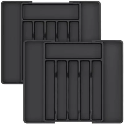 Produktbild von PolkaHome® Besteck-Organizer, ausziehbare Besteckschubladen-Aufbewahrungsbox, verstellbarer Besteckhalter, 57 x 38 x 5 cm, Schwarz