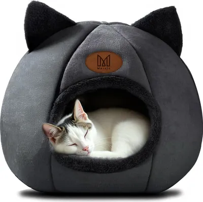 A cat sleeping in a cat bed.