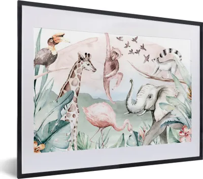 Produktbild von MuchoWow® MuchoWow® Gerahmtes Poster Dschungel - Tiere - Aquarell - Jungen - Mädchen - Kinder - Kinder 40x30 cm - Poster mit zchwarzem Bilderrahmen - Bilderrahmen - Poster im Rahmen