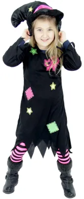 Produktbild von Süßes Hexenkostüm für Mädchen Kinder Hexenhut Hexen Halloween Kostüm Gr. 86-128, Größe:98/104