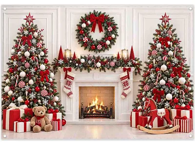 Productafbeelding van Achtergrond Kerstmis klassieke open haard slinger beer 215 x 150 cm
