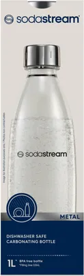 A SodaStream carbonating bottle with a metallic cap and base, presented against a light gray background.