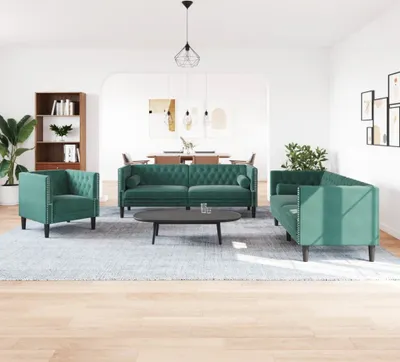 Obrázok produktu pre Maison Exclusive – 3-dielna súprava pohoviek Chesterfield s opierkami na krk, tmavozelený zamat