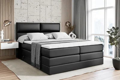 Produktbild von ALTDECOR Boxspringbett mit 2 Matratzen und Topper - 160x200 cm - BOXI3 KING - Schwarz Kunstleder - Polsterbett mit, H3- und H4- Matratzen, Bettkasten und Lattenrost, Bett mit Stauraum