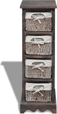 A tall, narrow wooden storage unit with four woven baskets, each lined with white fabric and tied with a white ribbon.