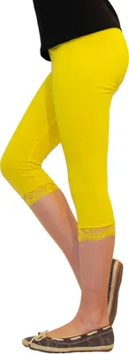 Produktbild von Mädchen Kinder Leggings Leggins Hose Capri 3/4 kurz mit Spitze Baumwolle  Gelb  140