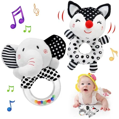 Produktbild von Baby Rassel Greifling Schwarz Weiß für 0-12 Monate, Sensorisches Spielzeug, Plüsch Hantel