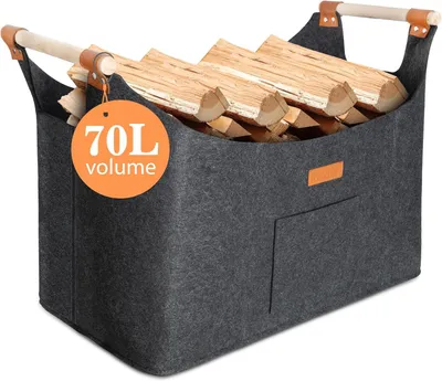Obrázok produktu pre Plstený kôš 70 l, 55x32x40 cm, na palivové drevo, drevená rukoväť, 5 mm plsť