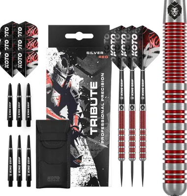 Produktbild von KOTO - Tribute Darts 14 G, Silber & Rot, Dartpfeile, Darts Set inkl. 3 Barrels, Flights + Shafts & Dartwallet, Fester Ringgrip