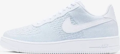 A side view of a white Nike Air Force 1 Flyknit 2 shoe against a white background.