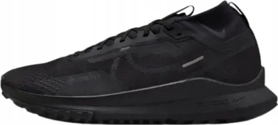 A black Nike React Pegasus Trail 4 Gtx V2 sports shoe is shown from the side against a white background.
