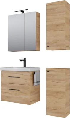 Produktbild von Planetmöbel Badmöbel-Set Waschtisch mit Unterschrank 63 cm, Spiegelschrank 60 cm mit LED-Leuchte (schwarz matt) & Steckdose, 2X Midischrank Gold Eiche