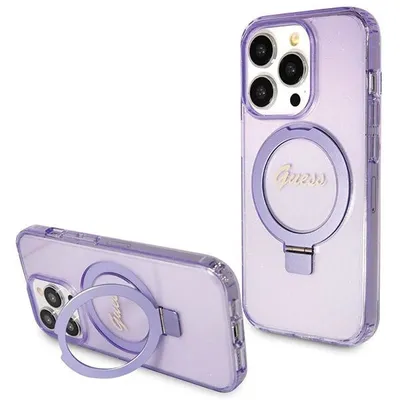 Zdjęcie produktu dla Etui Guess Ring Stand Script Glitter Magsafe Na Iphone 14 Pro - Fioletowe