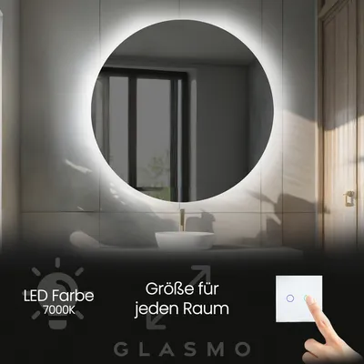 Produktbild von Badspiegel mit Beleuchtung 90 cm Elsie - Rund Spiegel mit LED Beleuchtung - Kaltweiß 7000K - Badezimmerspiegel Lichtspiegel