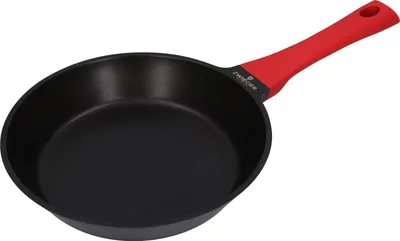 A frying pan with a red handle on a white background.
