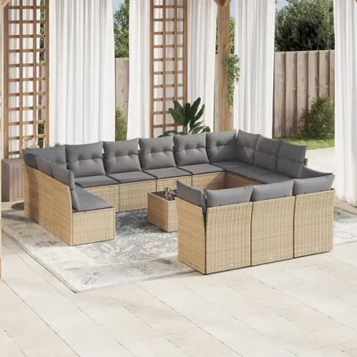 Produktbild von Design 14-tlg. Garten-Sofagarnitur mit Kissen Beige Poly Rattan, Gartenmöbel-Sets 2024 Neu