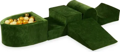 Produktbild von Schaumstoff-Spielset mit Hügel und Mikro-Bällepool – Samtig weiches Olivgrün + 100 Bällebadbälle / Beige, Gold, Altgold