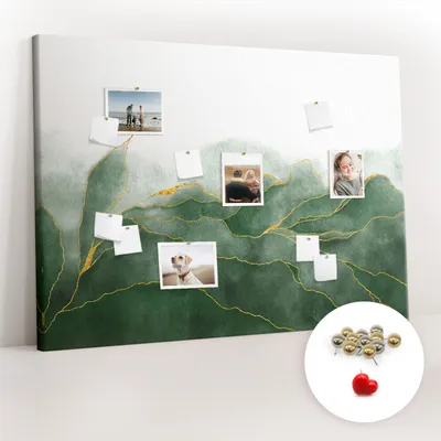 Obrázek produktu pro Korková nástěnka s kolíčky - Tabule s kolíky pro fotografie a poznámky - 140x100 cm - Připínáčky kovové 100 kusů - Abstraktní listy