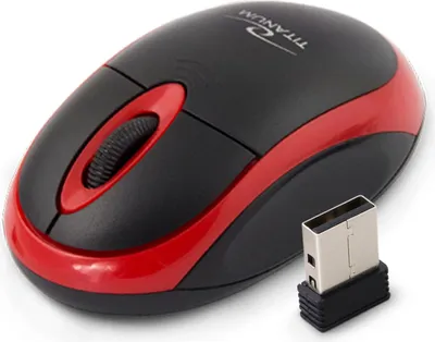 A wireless computer mouse and its USB receiver are shown on a white background.
