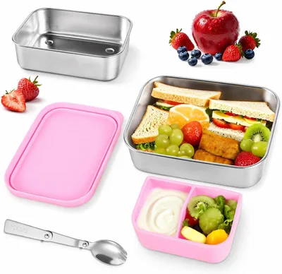 Produktbild von Bento Box 700 ml, Edelstahl Lunchbox mit Fächern und Löffel, für Schule
