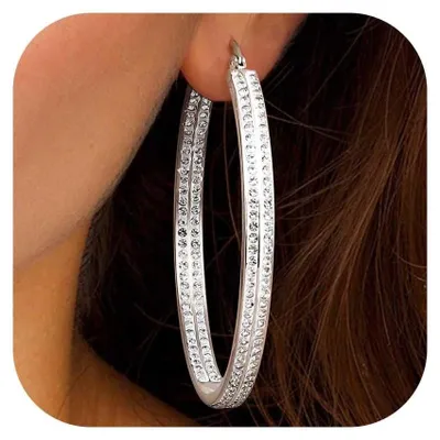 Immagine prodotto di Solidchoice - Orecchini a cerchio - Grandi cerchi - Acciaio inossidabile - Ipoallergenici - Argento - Zirconia lucida - Diametro interno di 50 mm